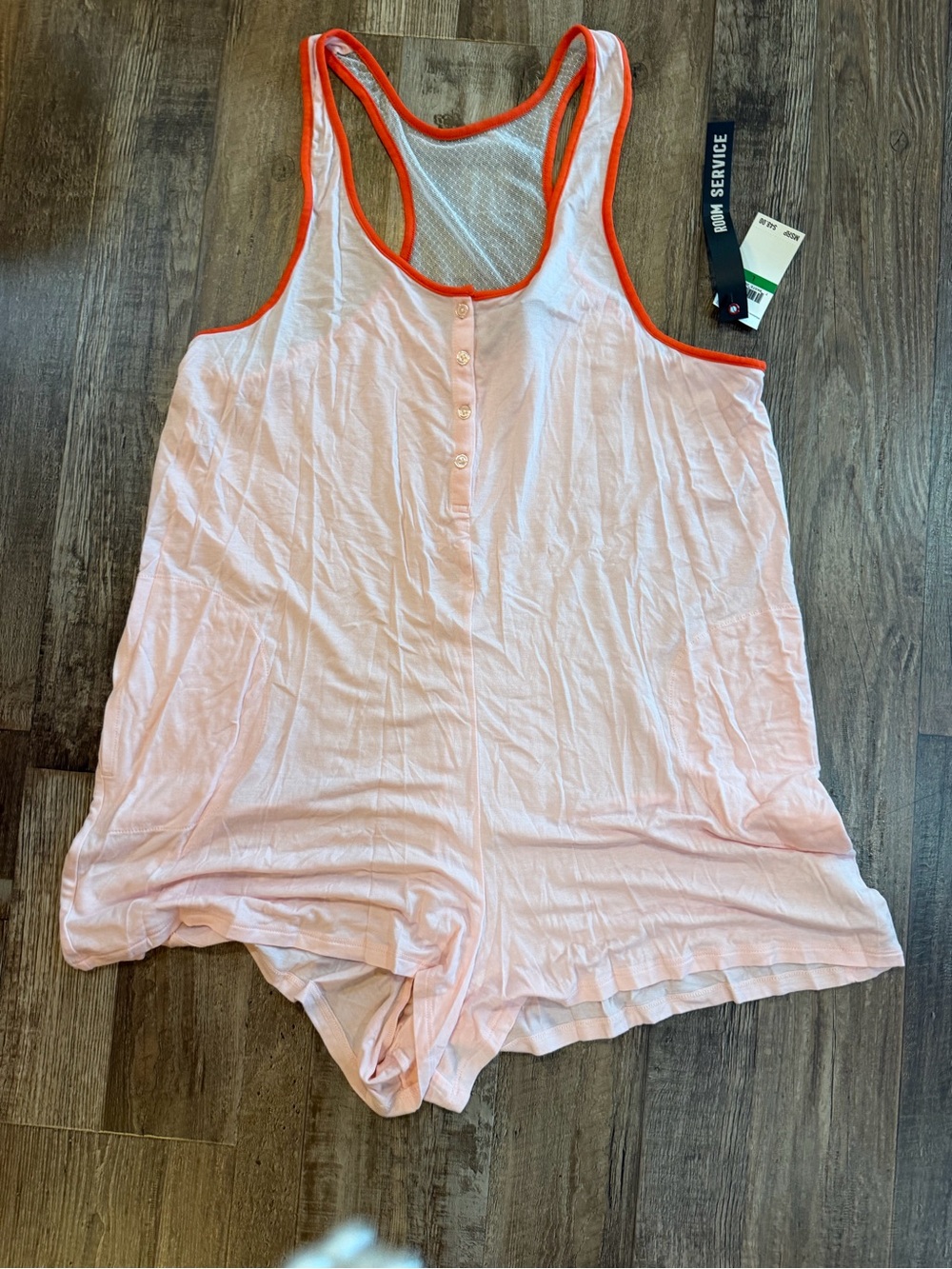 Room Servixe sz lg Light Pink Sleeveless Romper with Orange Trim- 93% Modal